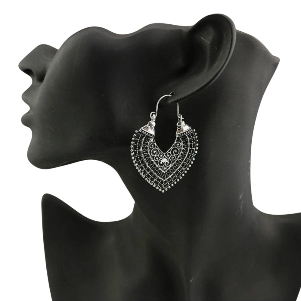 Boho Heart Charm Earrings, Tribal Flower Drop Filigree - Picture 4 of 5